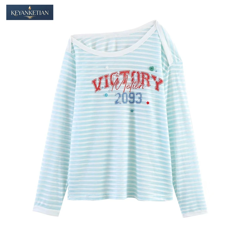 KEYANKETIAN 2026 Summer Vintage 90s Striped Off-Shoulder Tee Top Retro Letter Print, Heart Accents & Loose Silhouette T-shirt
KEYANKETIAN 2026 Summer Vintage 90s Striped Off-Shoulder Tee Top Retro Letter Print, Heart Accents & Loose Silhouette T-shirt