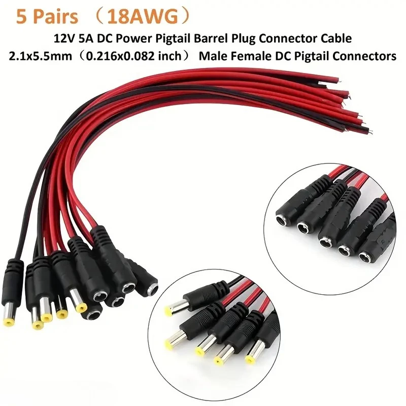 5 Pairs 18AWG DC Power Pigtail Barrel Connectors (2.1x5.5mm) – Copper Core Cable for CCTV Security Cameras & 12V Power Supplies
5 Pairs 18AWG DC Power Pigtail Barrel Connectors (2.1x5.5mm) – Copper Core Cable for CCTV Security Cameras & 12V Power Supplies