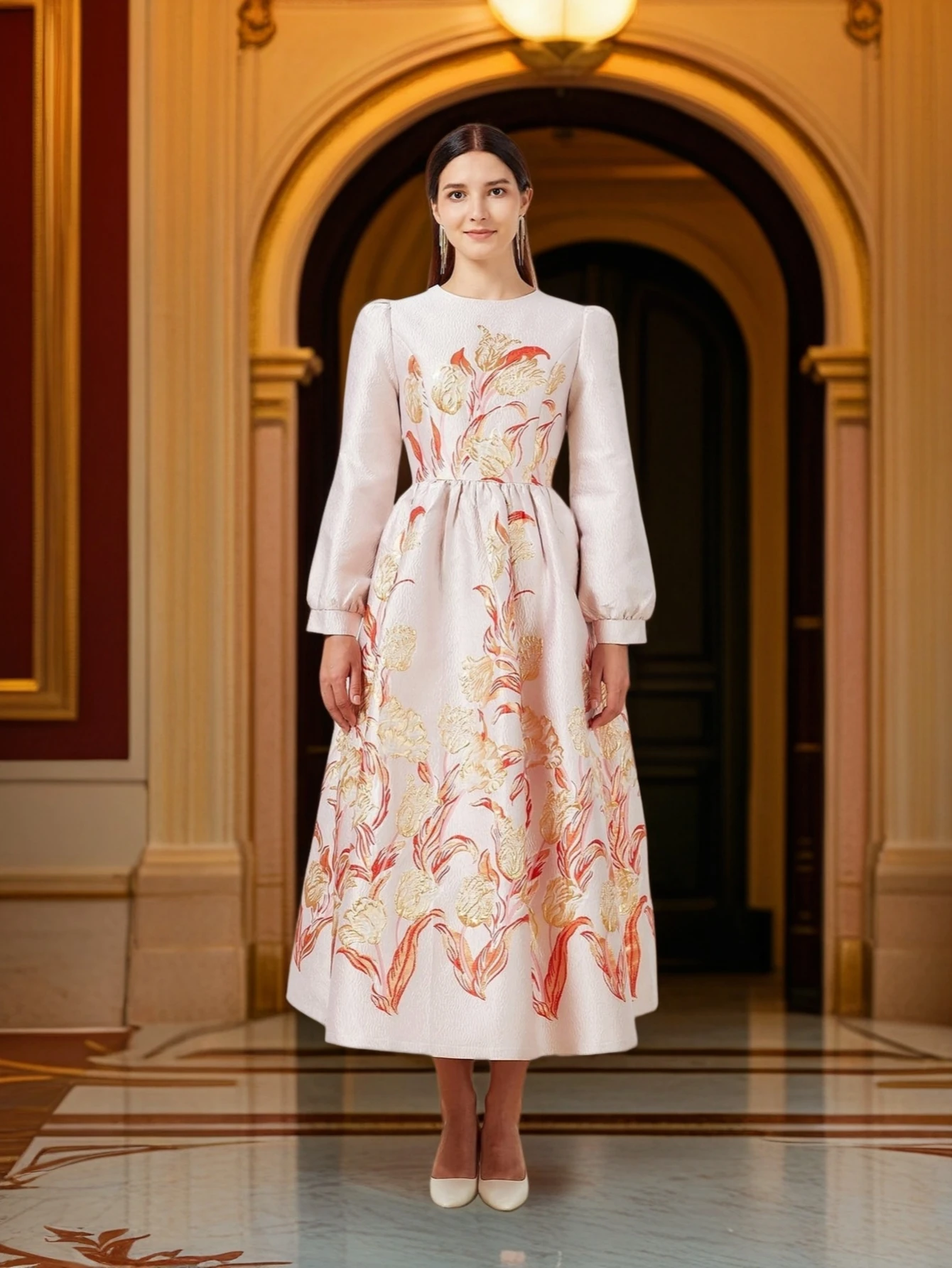 Heavy Industry Jacquard Autumn-Winter New Style Round-neck A-line Orange Gold Floral Elegant Attitude Banquet Dress
Heavy Industry Jacquard Autumn-Winter New Style Round-neck A-line Orange Gold Floral Elegant Attitude Banquet Dress