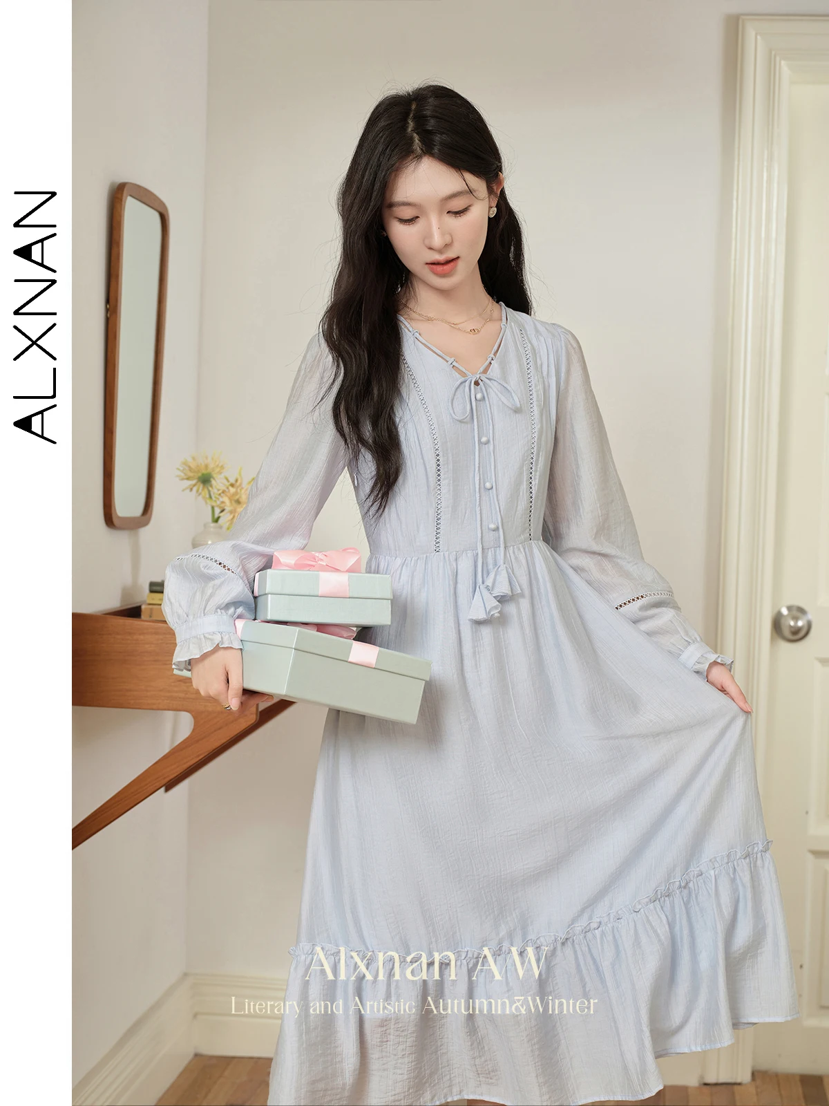 ALXNAN Women Lake Blue Dress 2024 Autumn Elegant French A-line Long Sleeve Lace-up Women Solid Commuter Dress L39825
ALXNAN Women Lake Blue Dress 2024 Autumn Elegant French A-line Long Sleeve Lace-up Women Solid Commuter Dress L39825
