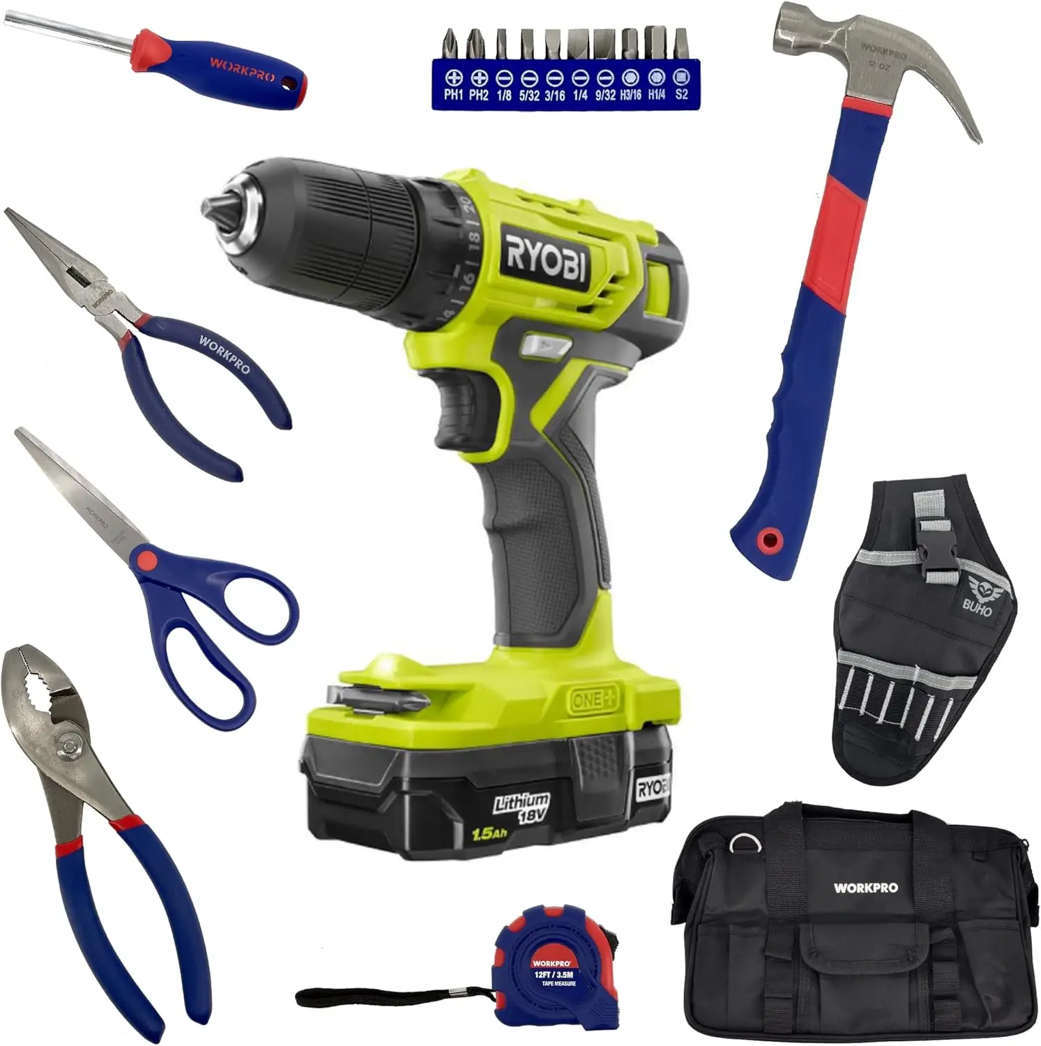 Household Tool Set Bundle with Ryobi Drill, 18-Volt Battery, Charger - Drill Holster - Homeowners Tool Set with Hammer, Wrenches
Household Tool Set Bundle with Ryobi Drill, 18-Volt Battery, Charger - Drill Holster - Homeowners Tool Set with Hammer, Wrenches