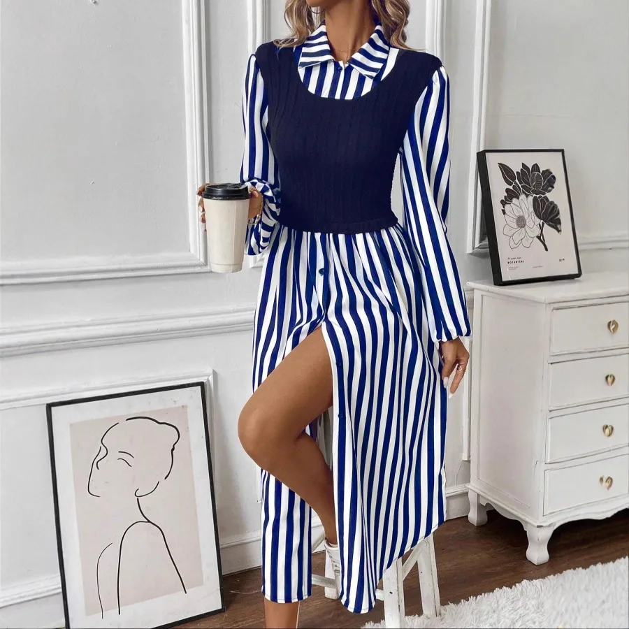【New style】 striped stitching dress, fashionable, light and luxurious, waist, slimming, fake two-piece long dress for women
【New style】 striped stitching dress, fashionable, light and luxurious, waist, slimming, fake two-piece long dress for women