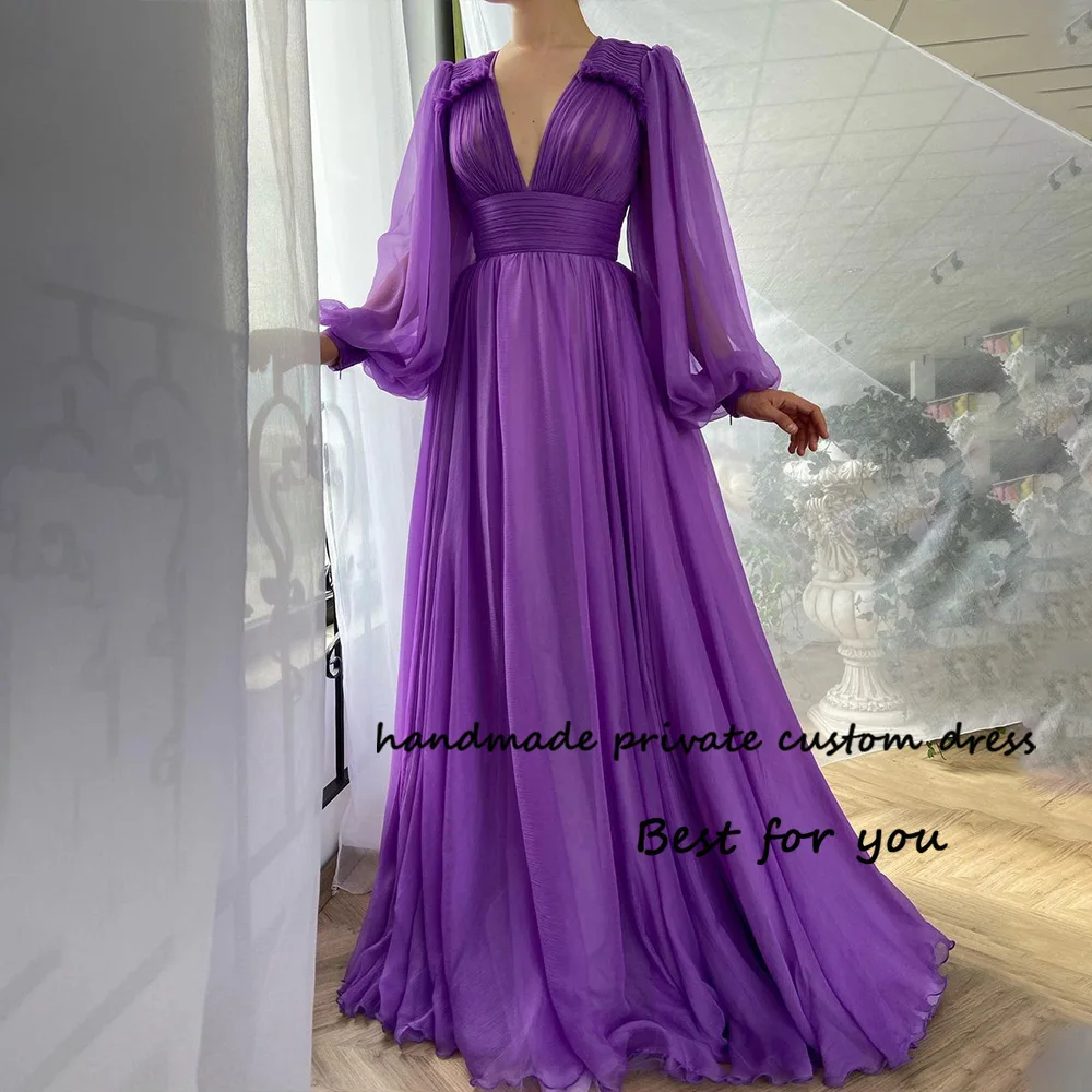 Purple Chiffon A Line Fairy Prom Dresses Long Sleeve V Neck Evening Party Dress Back Lace Up Formal Celebrate Gowns
Purple Chiffon A Line Fairy Prom Dresses Long Sleeve V Neck Evening Party Dress Back Lace Up Formal Celebrate Gowns