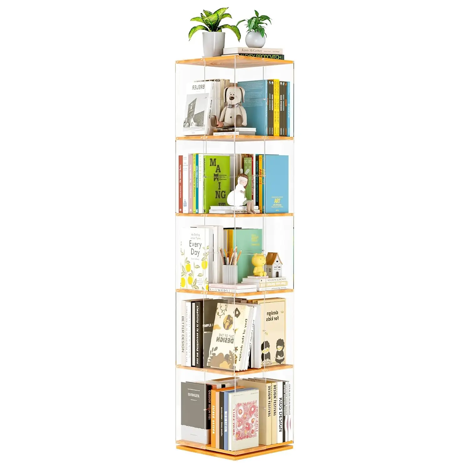 5-Tier Rotating Bookshelf, 360° Spinning Book Shelf Tower with Solid Wood & Clear Acrylic, Square Revolving, Customized
5-Tier Rotating Bookshelf, 360° Spinning Book Shelf Tower with Solid Wood & Clear Acrylic, Square Revolving, Customized