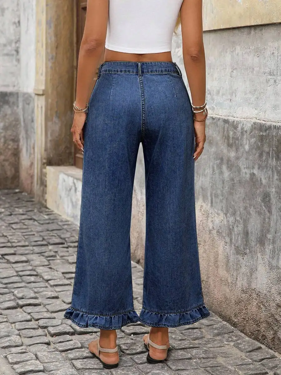 Womens Casual Wide Leg Denim Jeans With Ruffled Hem
Womens Casual Wide Leg Denim Jeans With Ruffled Hem