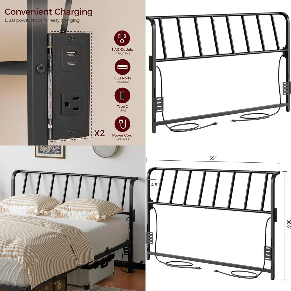 Black Metal Queen Headboard with Power Outlets, Adjustable Recline, and Easy Assembly
Black Metal Queen Headboard with Power Outlets, Adjustable Recline, and Easy Assembly
