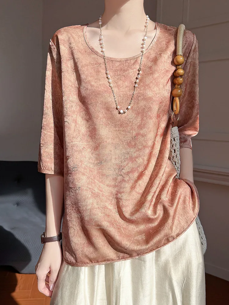 Элегантная женская блузка из ацетатного атласа свободного кроя с коротким рукавом и круглым вырезом, стильная, универсальная, простого прямого кроя, из смесового шелка
Элегантная женская блузка из ацетатного атласа свободного кроя с коротким рукавом и круглым вырезом, стильная, универсальная, простого прямого кроя, из смесового шелка