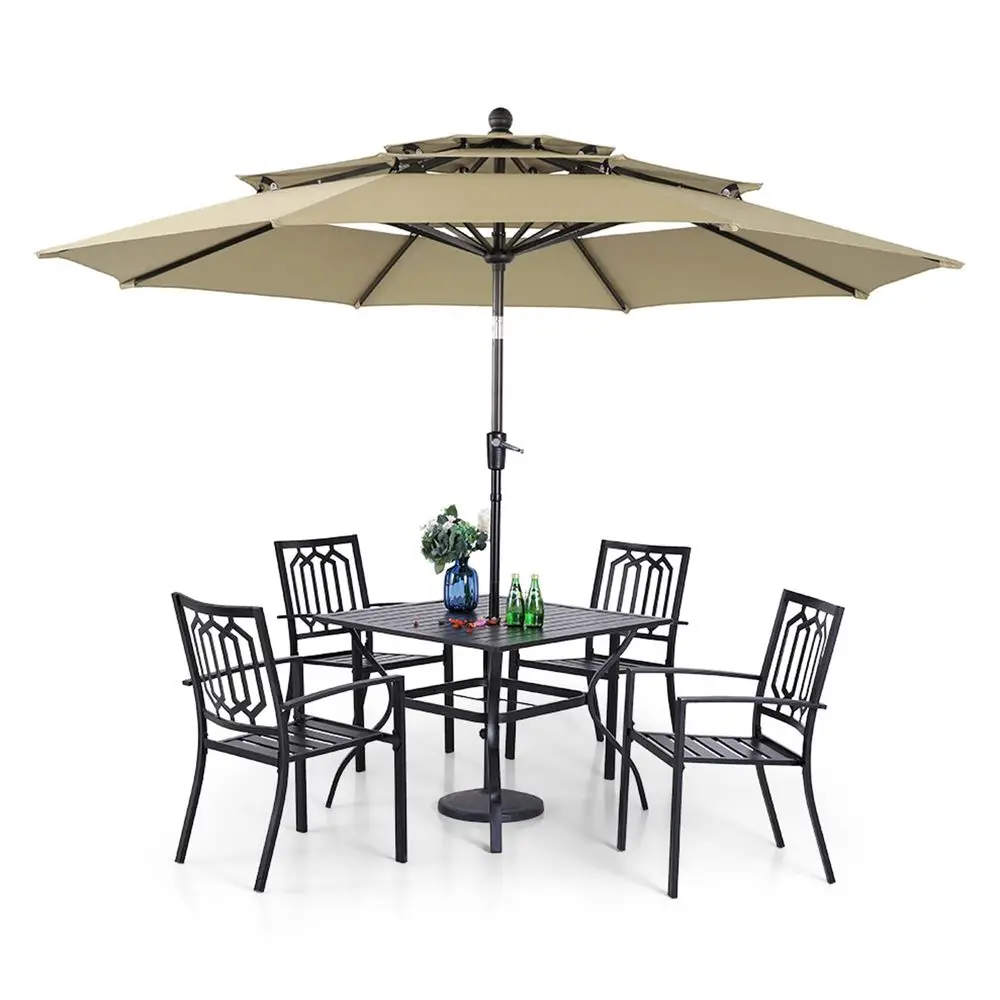 Patio Dining Set 5 pcs with UmbrellaBeige,1 Square Metal Tableamp 4 Metal Outdoor Stackable Chairs and 1 10ft 3 Tier Autotilt U
Patio Dining Set 5 pcs with UmbrellaBeige,1 Square Metal Tableamp 4 Metal Outdoor Stackable Chairs and 1 10ft 3 Tier Autotilt U