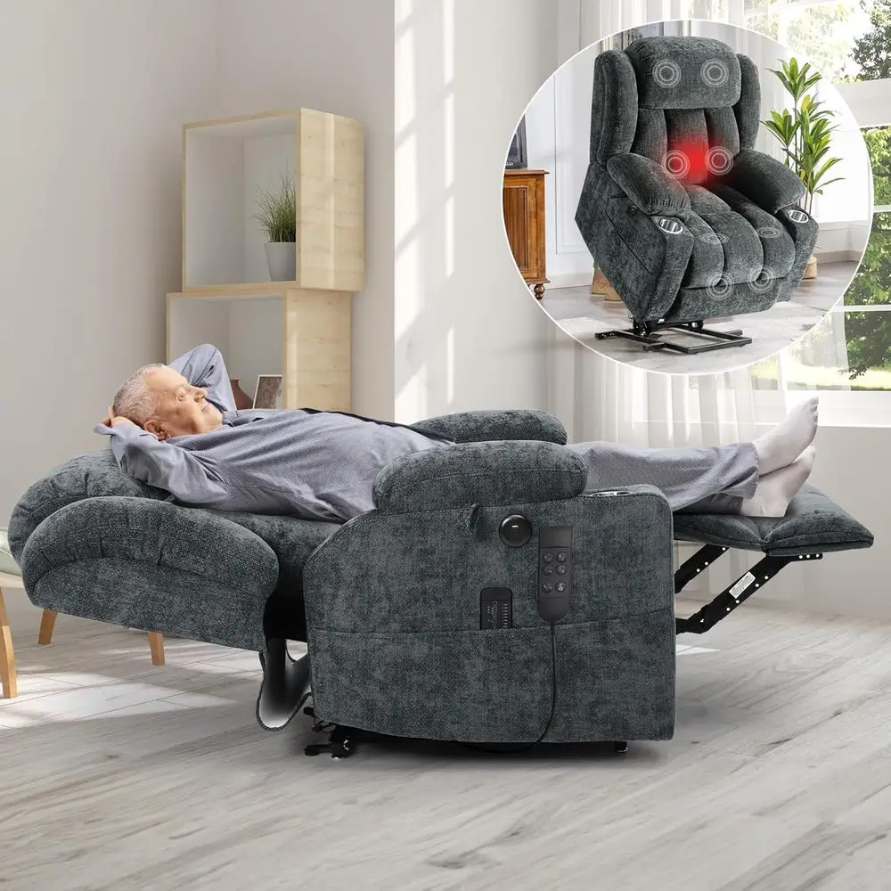 Elderly-Friendly Dual Power Recliner with Heat, Massage, USB Ports, Cup Holder, Side Pocket, Gray Blue Chenille
Elderly-Friendly Dual Power Recliner with Heat, Massage, USB Ports, Cup Holder, Side Pocket, Gray Blue Chenille