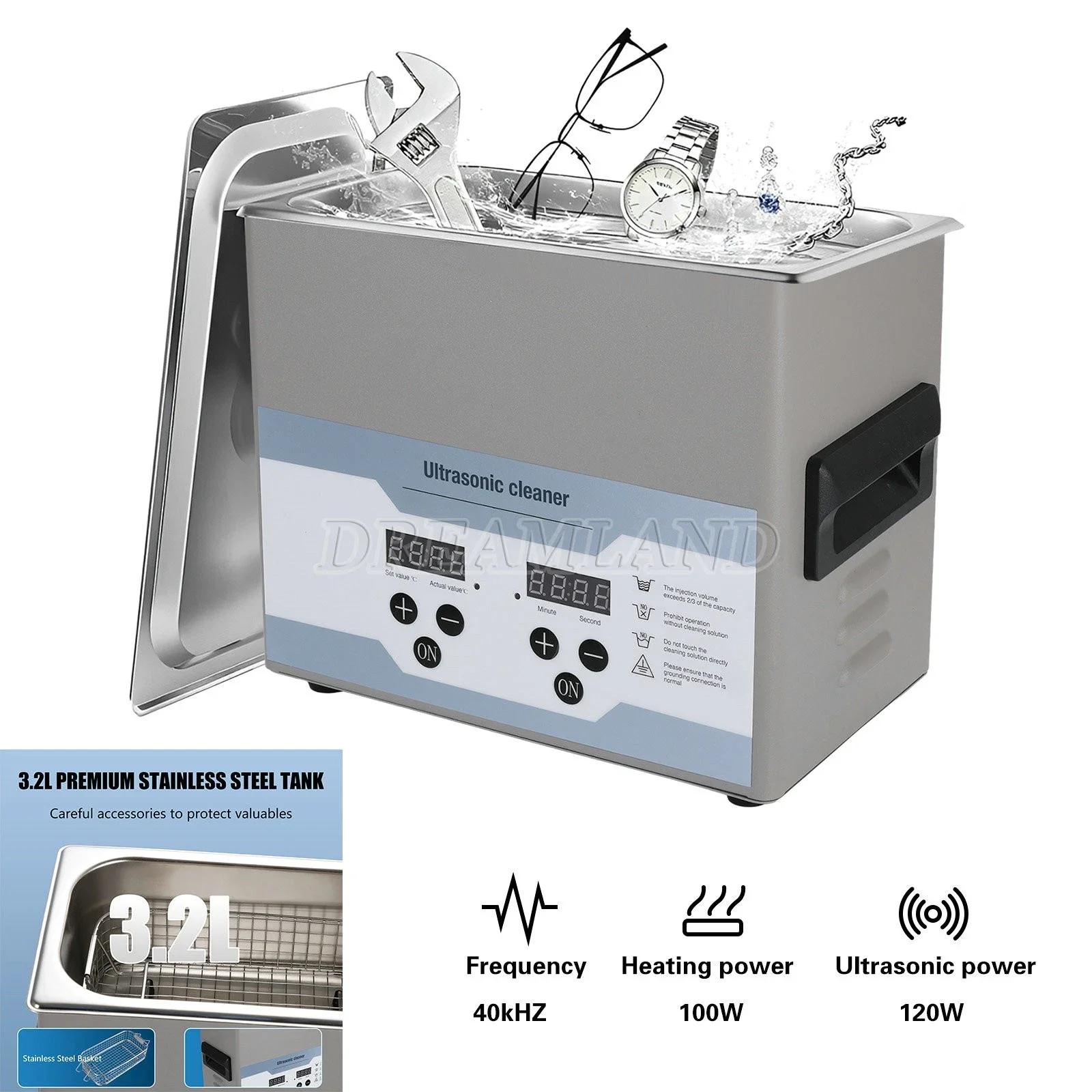 3.2L Ultrasonic Cleaner Cleaning Machine with Basket Heater and Timer 120W
3.2L Ultrasonic Cleaner Cleaning Machine with Basket Heater and Timer 120W