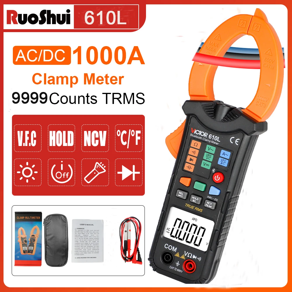 VICTOR Digital Clamp Meter 1000A Amp Clamp Multimeter Tester 10000Counts Auto Range DC/AC Voltage Current/ ZERO/ NCV V.F.C 610L
VICTOR Digital Clamp Meter 1000A Amp Clamp Multimeter Tester 10000Counts Auto Range DC/AC Voltage Current/ ZERO/ NCV V.F.C 610L