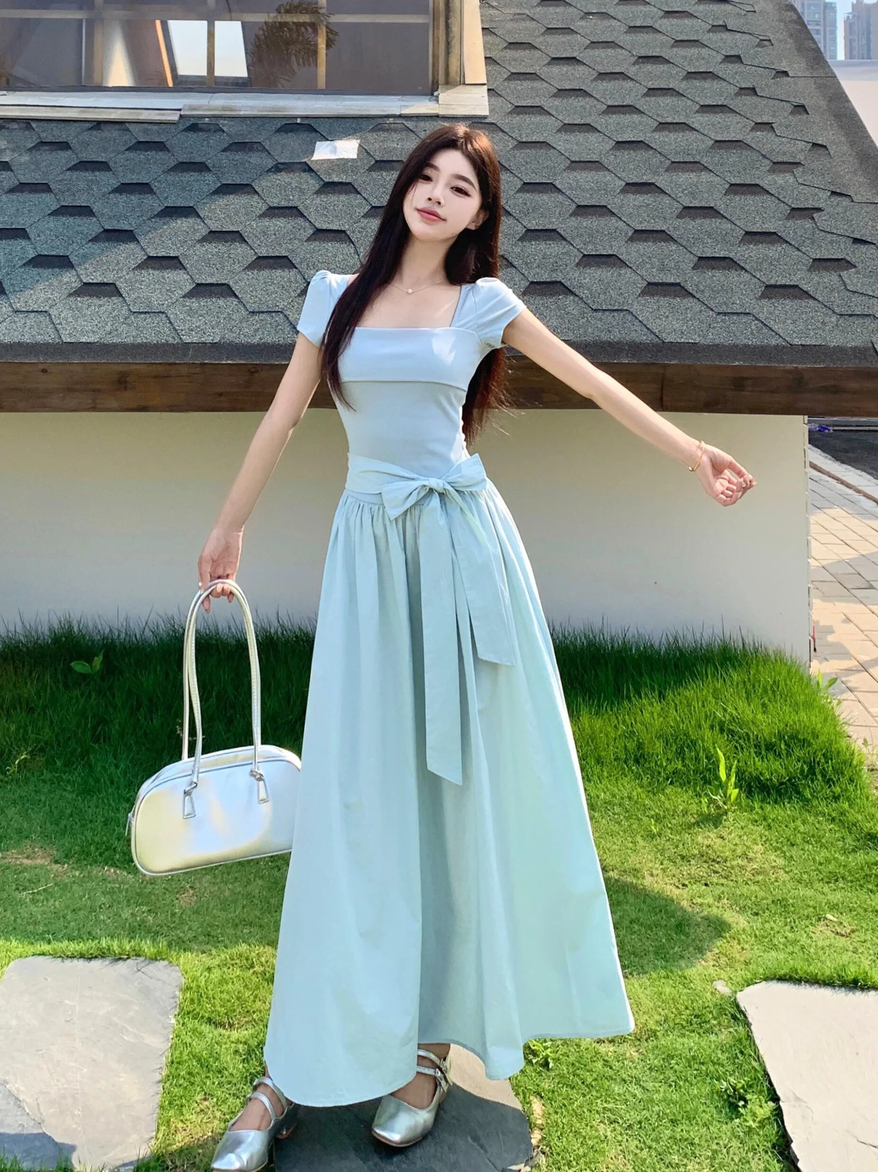 Blue Square Collar Short Sleeve Women's Dress plus Size Fitted High Waist Summer New Style Gentle Wind Long Dress Knot
Blue Square Collar Short Sleeve Women's Dress plus Size Fitted High Waist Summer New Style Gentle Wind Long Dress Knot