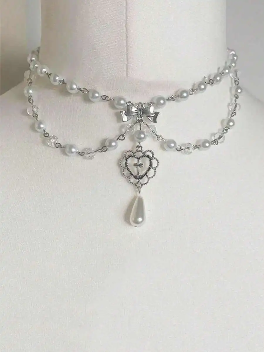 Multi-Layer Faux Pearl Choker With Heart Pendant And Bowknot - Y2K Gothic Accessory For Women
Multi-Layer Faux Pearl Choker With Heart Pendant And Bowknot - Y2K Gothic Accessory For Women