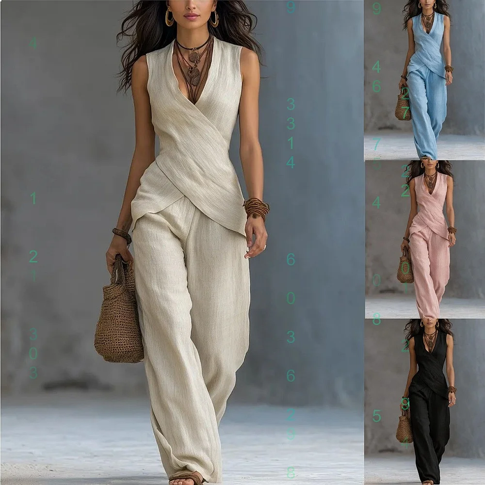 2026 Spring Summer Linen Casual Cross V Neck Sleeveless Wide Leg Pants Matching Set Jumpsuit Playsuit
2026 Spring Summer Linen Casual Cross V Neck Sleeveless Wide Leg Pants Matching Set Jumpsuit Playsuit