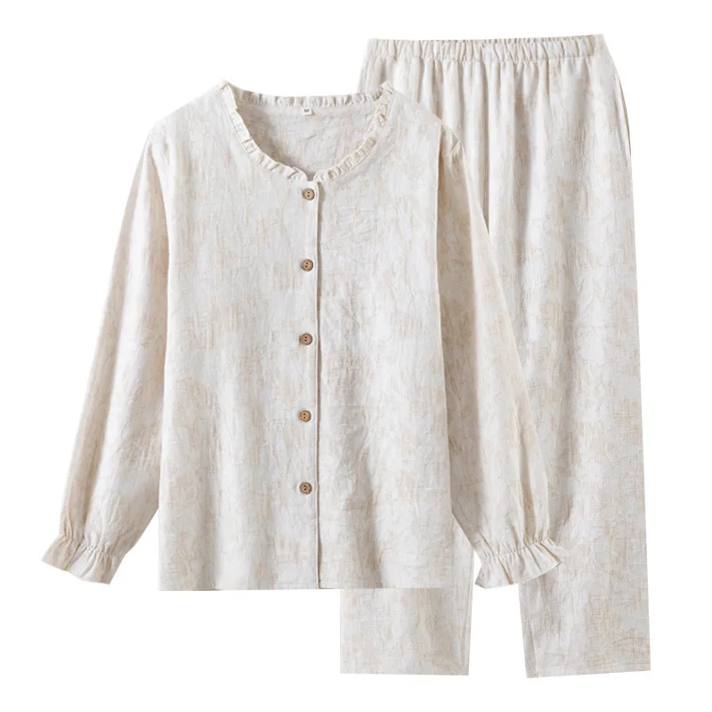 Women's All-Season Elegant Linen-Like Crinkle Fabric Ruffle Mandarin Collar Button-Front Top & Pants Loungewear Sleepwear Set.
Women's All-Season Elegant Linen-Like Crinkle Fabric Ruffle Mandarin Collar Button-Front Top & Pants Loungewear Sleepwear Set.