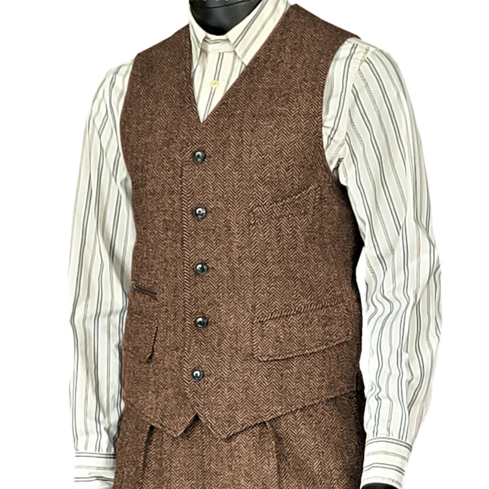 V Neck Men's Vest Vintage Herringbone Tweed Men's Business Single Breasted Waistcoat For Wedding
V Neck Men's Vest Vintage Herringbone Tweed Men's Business Single Breasted Waistcoat For Wedding