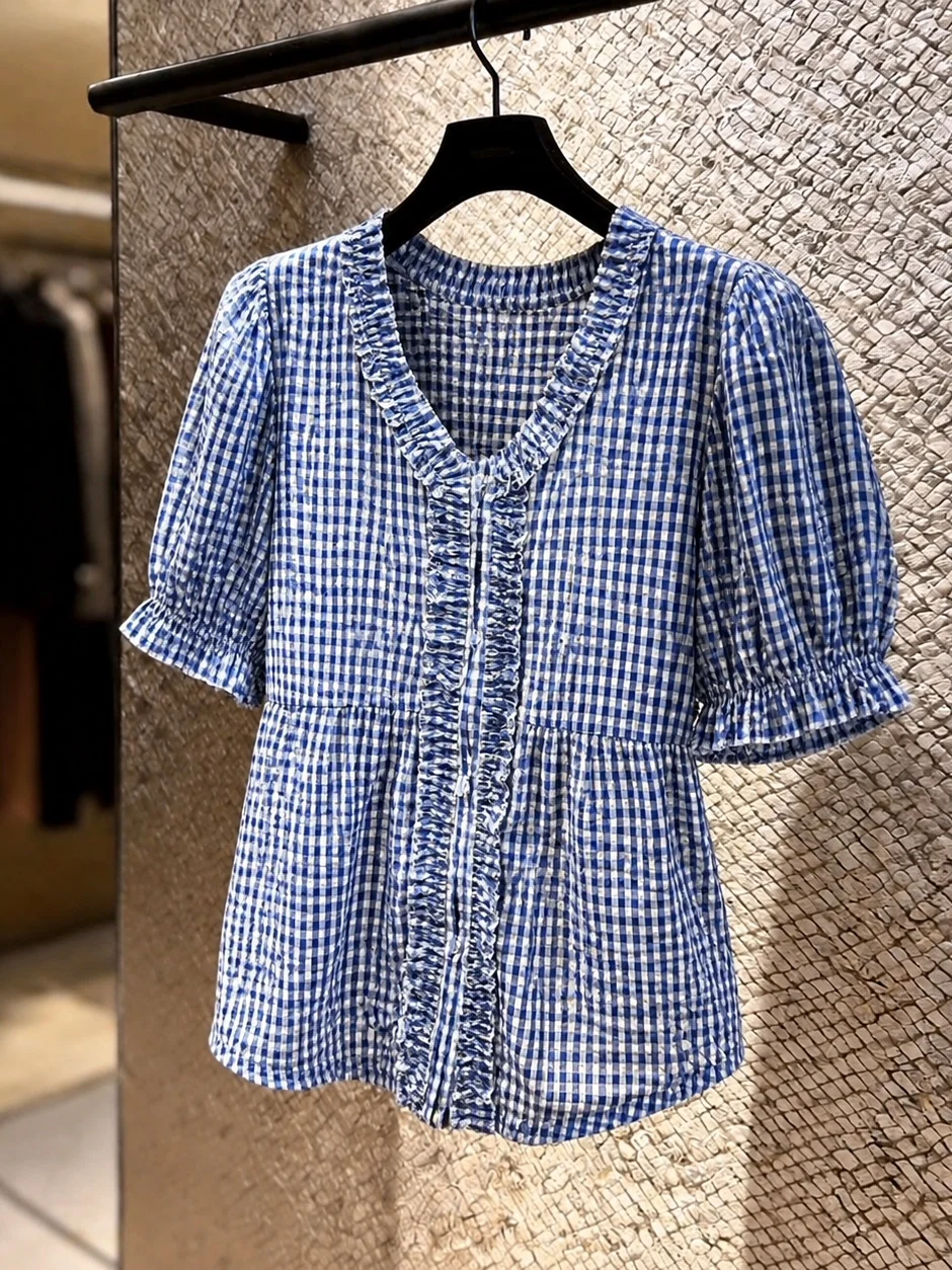 Fashionable Korean Style Checkered Shirt V-Neck Design Casual Versatile Short Sleeve Women's Top Simple Elegant Summer 2026
Fashionable Korean Style Checkered Shirt V-Neck Design Casual Versatile Short Sleeve Women's Top Simple Elegant Summer 2026