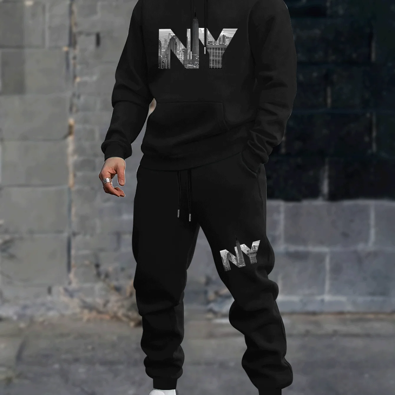 Men's casual hooded sweatshirt and sports pants set, made of polyester knitted fabric, slightly elastic, loose fit design
Men's casual hooded sweatshirt and sports pants set, made of polyester knitted fabric, slightly elastic, loose fit design