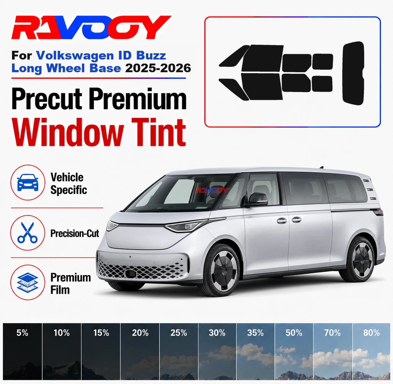 Premium Precut Window Tint Kit Front Windows Rear Windows Rear Windshield For Volkswagen ID Buzz LWB 2025-2026 Nano Ceramic Film
Premium Precut Window Tint Kit Front Windows Rear Windows Rear Windshield For Volkswagen ID Buzz LWB 2025-2026 Nano Ceramic Film
