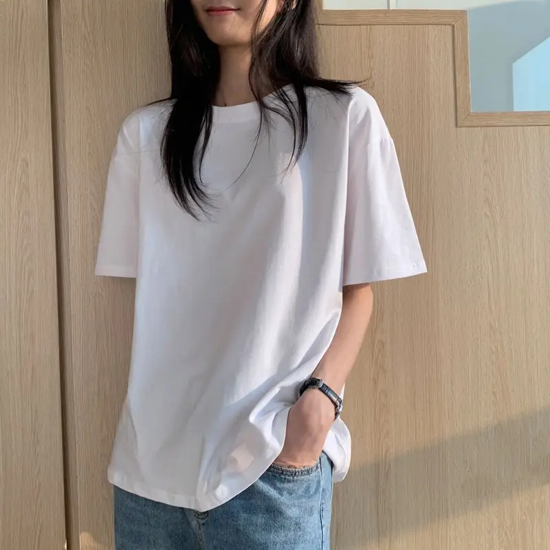 Round neck top 100% pure cotton for female students Korean version loose short sleeve with black base summer
Round neck top 100% pure cotton for female students Korean version loose short sleeve with black base summer