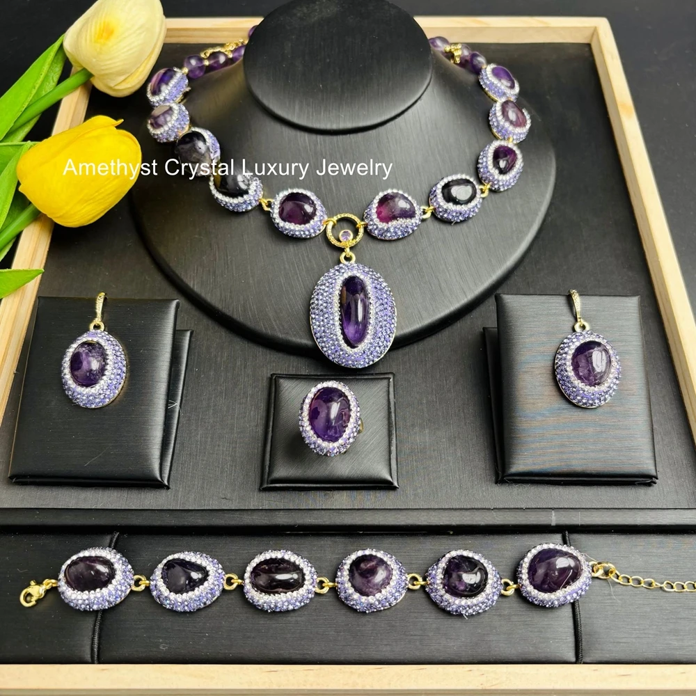 Luxury Rough Amethyst Jewelry Set Exquisite Four-piece Sets Handmade Inlaid Rhinestone Crystal Jewelry for Women Wedding
Luxury Rough Amethyst Jewelry Set Exquisite Four-piece Sets Handmade Inlaid Rhinestone Crystal Jewelry for Women Wedding
