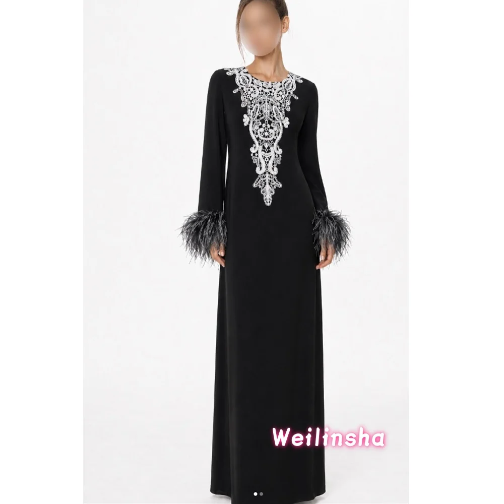 Arabic Evening Dress Customized O- Neck Long Sleeves Feathers Lace A Line Black Prom Gown Party Dresses
Arabic Evening Dress Customized O- Neck Long Sleeves Feathers Lace A Line Black Prom Gown Party Dresses