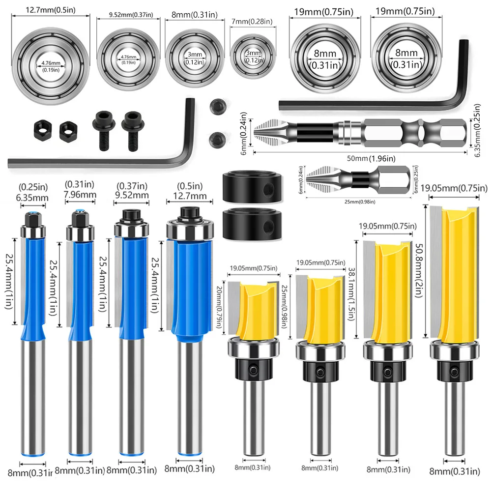 Набор фрез для фрезерного станка, 26 шт./компл., хвостовик 8 мм, для резьбы по дереву, с подшипниками, исключительная скорость резания, фрезы для скрытой фрезеровки, набор фрезерных головок
Набор фрез для фрезерного станка, 26 шт./компл., хвостовик 8 мм, для резьбы по дереву, с подшипниками, исключительная скорость резания, фрезы для скрытой фрезеровки, набор фрезерных головок