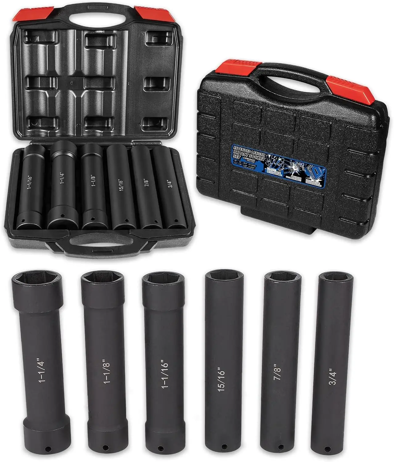1/2 Inch Drive Extended Length Impact Socket Set, 6 Sizes (3/4" to 1-1/4"), Extra-Deep Heavy Duty with Case
1/2 Inch Drive Extended Length Impact Socket Set, 6 Sizes (3/4" to 1-1/4"), Extra-Deep Heavy Duty with Case