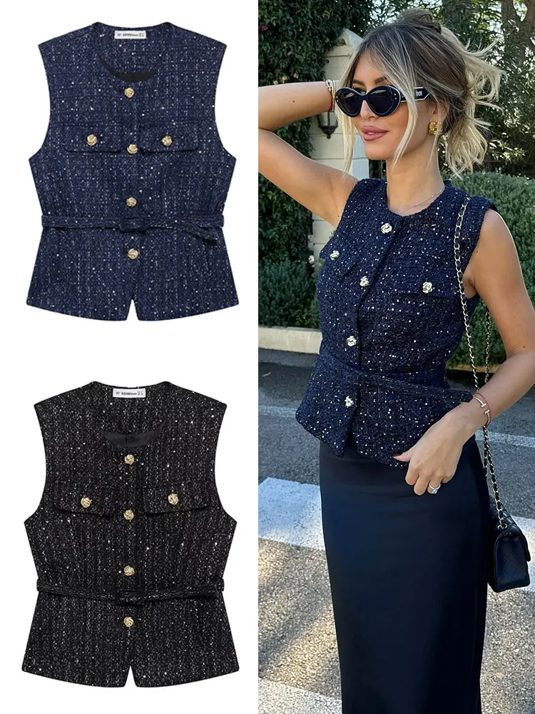 BWQ Women Fashion Tweed Belt Waistcoat O Neck Single Breasted Sleeveless Vests Spring Summer Office Lady Outerwear Chic Tops
BWQ Women Fashion Tweed Belt Waistcoat O Neck Single Breasted Sleeveless Vests Spring Summer Office Lady Outerwear Chic Tops