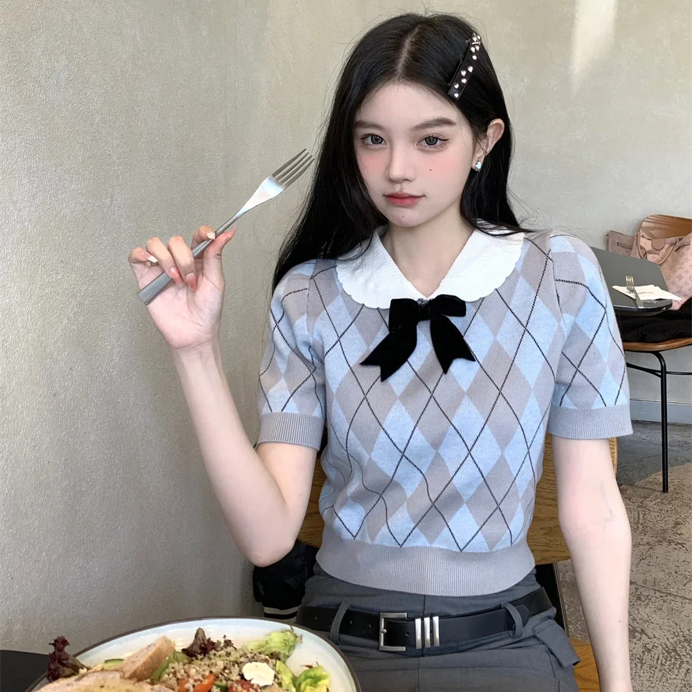 Nice Sweet Knitting Short SleeveCorset T-Shirts Femme Summer Preppy Style Bow Top Tee Women Clothes Korean Turn-down Collar Pull
Nice Sweet Knitting Short SleeveCorset T-Shirts Femme Summer Preppy Style Bow Top Tee Women Clothes Korean Turn-down Collar Pull