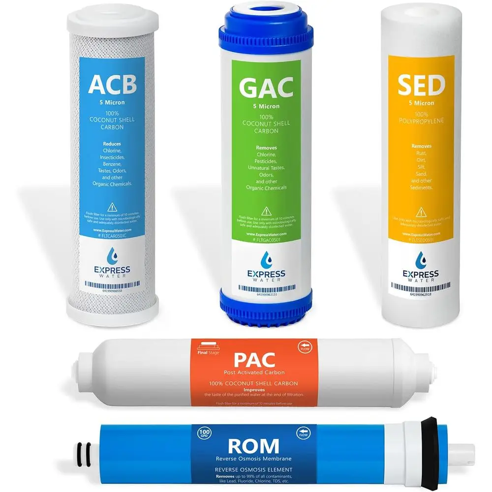 6-Month Replacement Filter Set for 100 GPD Reverse Osmosis System with 5 Stages: Carbon, Sediment, Membrane, ACB, PAC
6-Month Replacement Filter Set for 100 GPD Reverse Osmosis System with 5 Stages: Carbon, Sediment, Membrane, ACB, PAC