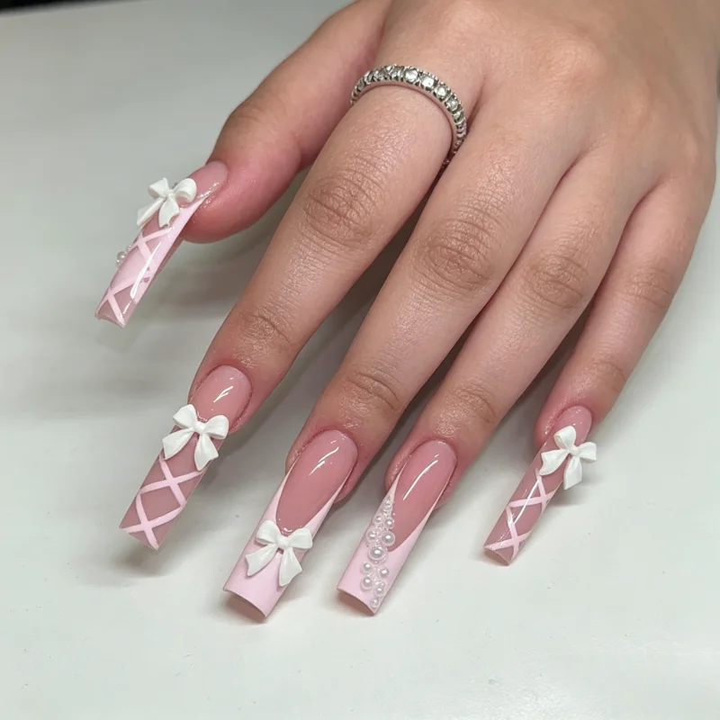 10pcs French Handmade False Nails Bow Pearl Bandage Entanglement Press on Nail For Women and Girls Removable Nail stickers
10pcs French Handmade False Nails Bow Pearl Bandage Entanglement Press on Nail For Women and Girls Removable Nail stickers