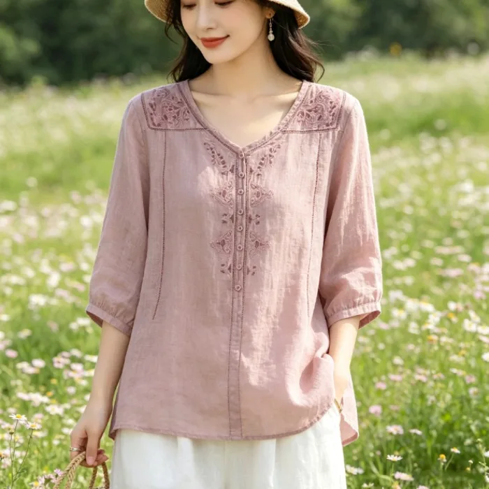 Loose Cotton Linen Women's Shirt Summer New Style Embroidered Fashion Oversize Top Cover Belly V-neck Long Sleeve Commute Style
Loose Cotton Linen Women's Shirt Summer New Style Embroidered Fashion Oversize Top Cover Belly V-neck Long Sleeve Commute Style