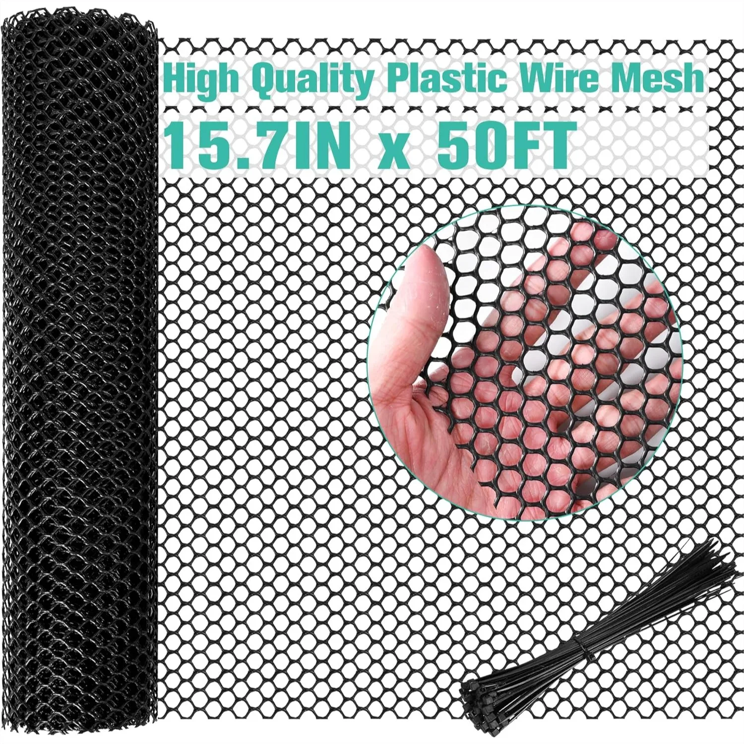 Plastic Mesh Fence Sheet 15.7in x 50ft 0.3in Opening Chicken Wire Netting Roll Durable for Dogs Poultry Garden Snake Barrier with 50 Pcs Zip Ties Black
Plastic Mesh Fence Sheet 15.7in x 50ft 0.3in Opening Chicken Wire Netting Roll Durable for Dogs Poultry Garden Snake Barrier with 50 Pcs Zip Ties Black