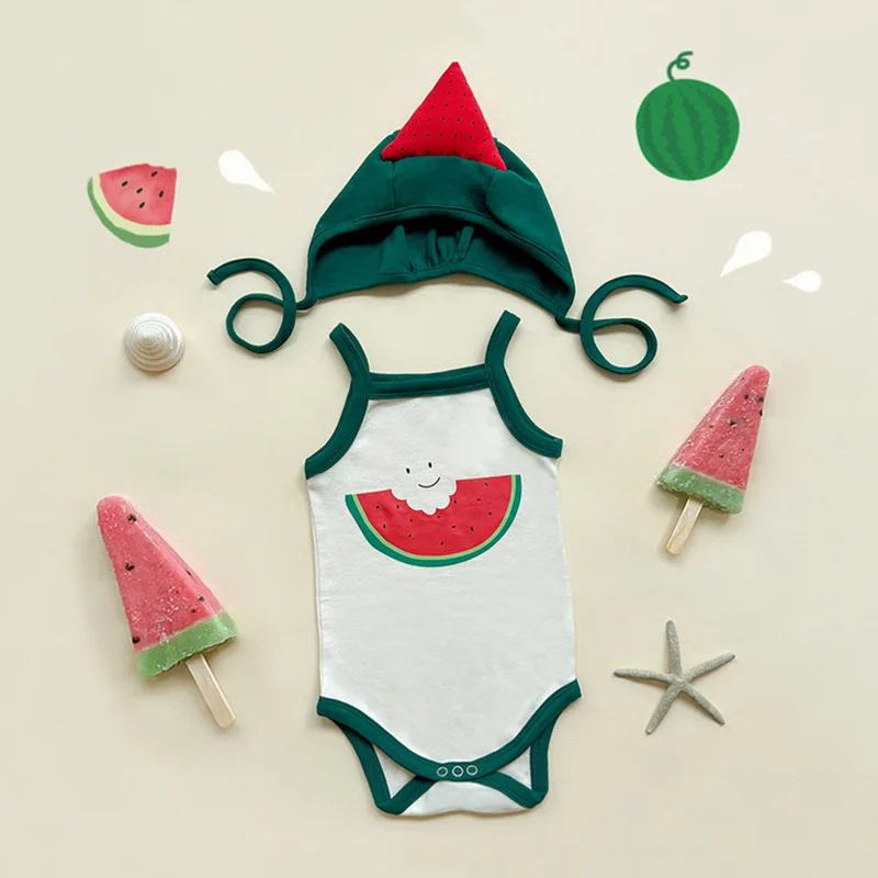 2026 Summer New Baby Girl Sleeveless Sling Bodysuit + Hat Newborn Cute Watermelon Modeling Clothes Infant Cotton Jumpsuit
2026 Summer New Baby Girl Sleeveless Sling Bodysuit + Hat Newborn Cute Watermelon Modeling Clothes Infant Cotton Jumpsuit