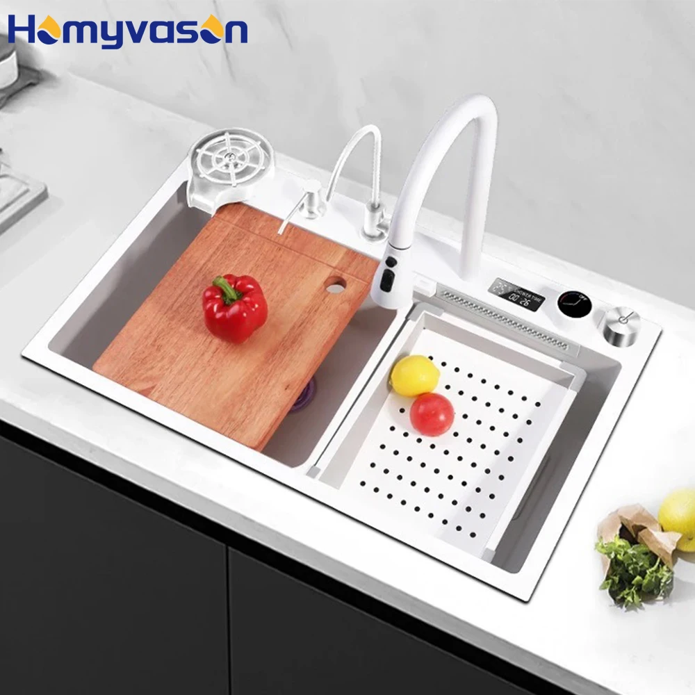 75cm White Modern Digital Countertop Stainless Steel Smart Multi Function Waterfall Kitchen Sink with Cup Washer with Faucet
75cm White Modern Digital Countertop Stainless Steel Smart Multi Function Waterfall Kitchen Sink with Cup Washer with Faucet