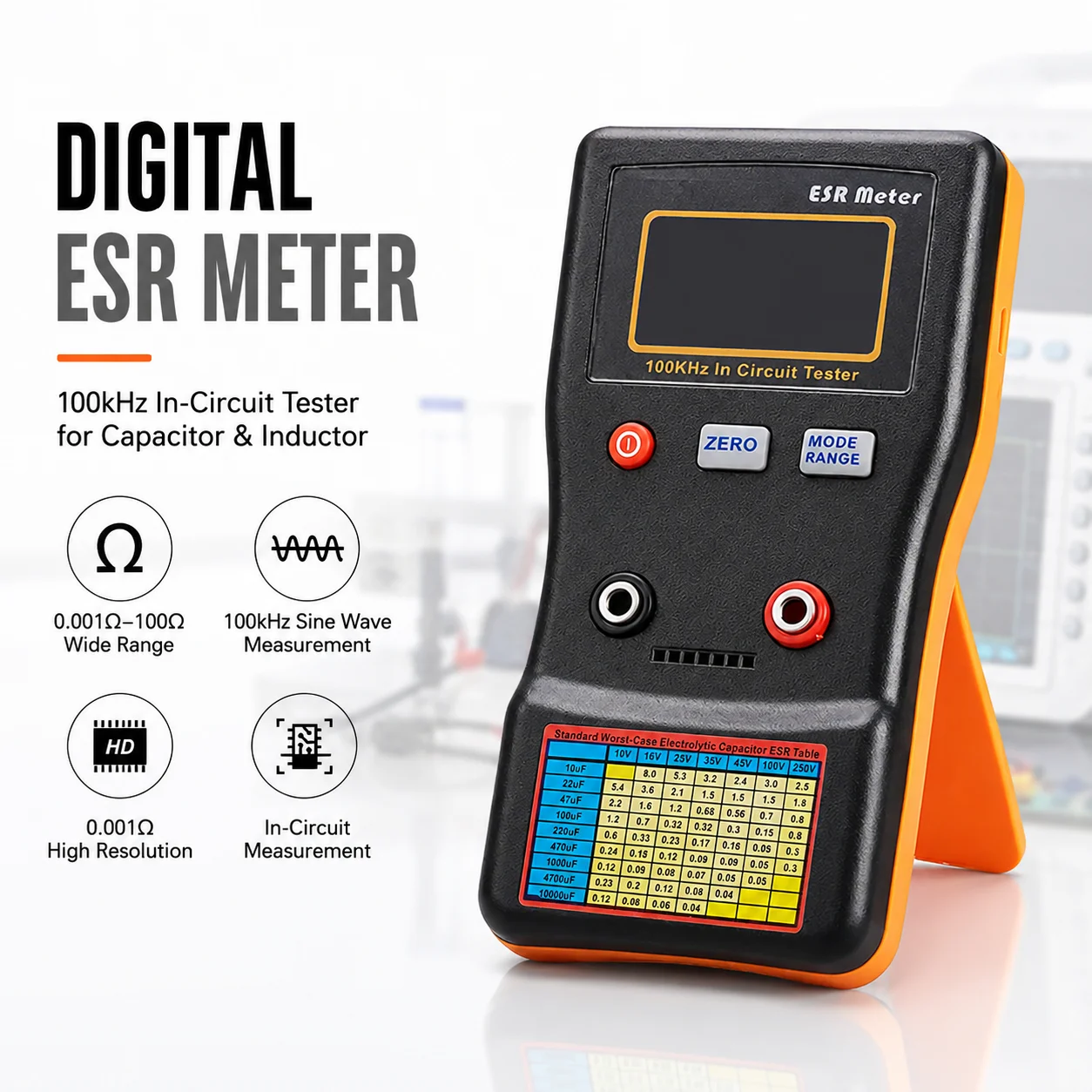 Auto-Ranging Capacitor ESR Meter 100kHz Sine Wave In Circuit Tester Low Ohm Resistance Meter 0.001-100Ω with ESR Table Backlight
Auto-Ranging Capacitor ESR Meter 100kHz Sine Wave In Circuit Tester Low Ohm Resistance Meter 0.001-100Ω with ESR Table Backlight