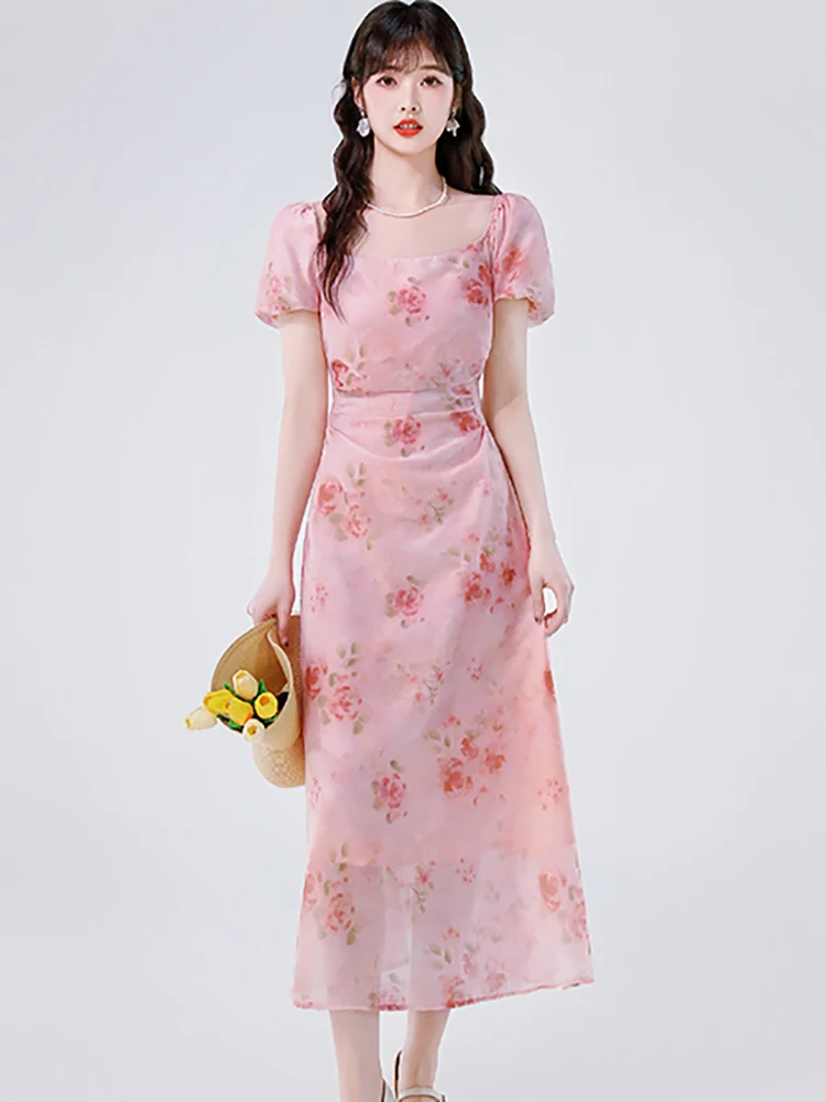 Summer Pink Floral Chiffon Casual Beach Style Dress Women Short Sleeve Square Collar Long Dress 2025 Korean Elegant Party Dress
Summer Pink Floral Chiffon Casual Beach Style Dress Women Short Sleeve Square Collar Long Dress 2025 Korean Elegant Party Dress