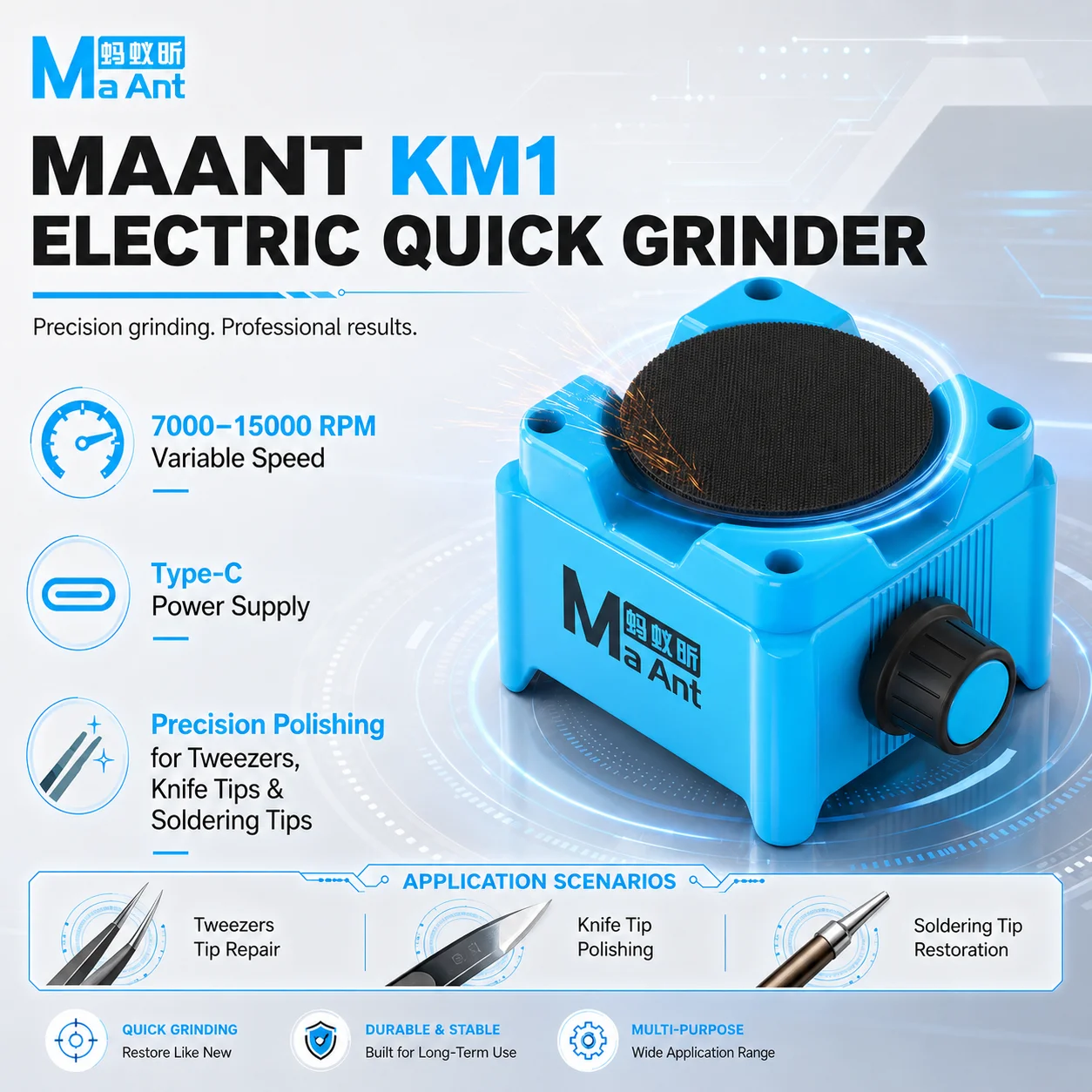 MAANT KM1 Electric Quick Grinder 7000-15000RPM Type-C Variable Speed Polishing Machine for Tweezers Knife Soldering Tip Repair
MAANT KM1 Electric Quick Grinder 7000-15000RPM Type-C Variable Speed Polishing Machine for Tweezers Knife Soldering Tip Repair
