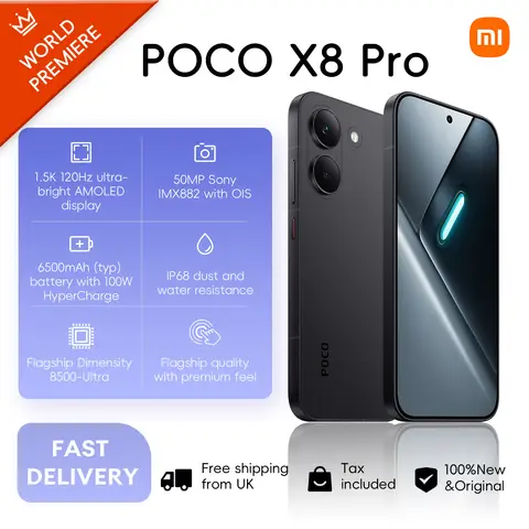 POCO X8 Pro 5G, 12+512GB Global Version, 120Hz 1.5K 6.59" Display Dimensity 8500-Ultra 50MP Camera 6500mAh 100W HyperCharge IP68