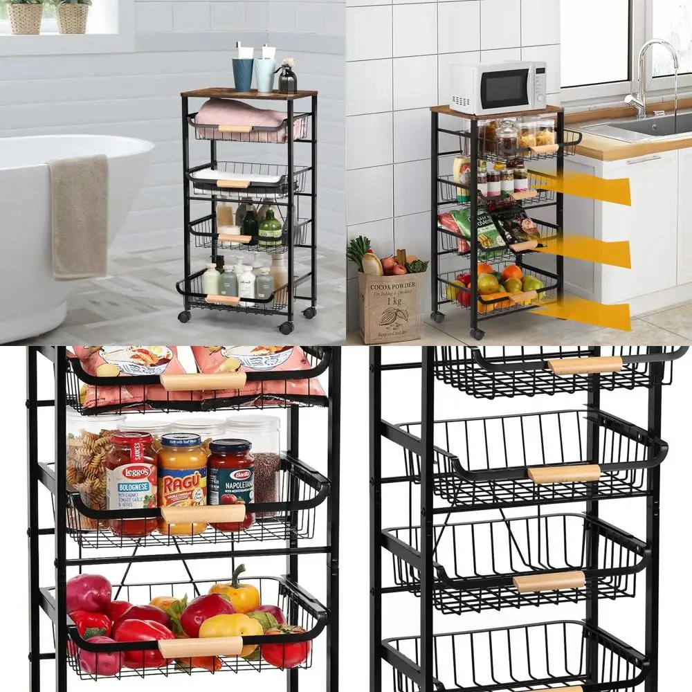 5-Tier Rolling Metal Mesh Cart with Wooden Top for Kitchen Storage of Fruits, Vegetables, and Pantry Essentials
5-Tier Rolling Metal Mesh Cart with Wooden Top for Kitchen Storage of Fruits, Vegetables, and Pantry Essentials