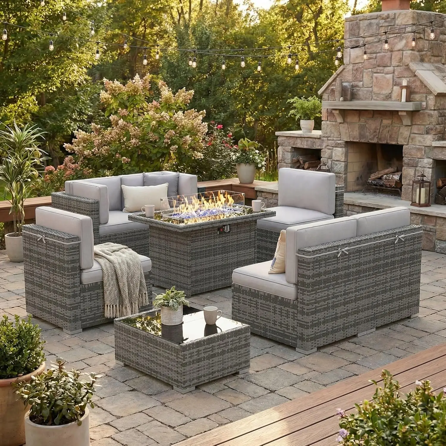 8 Piece Patio Furniture Set 44in Propane Fire Pit Table Outdoor Sectional Wicker Conversation Sofa Coffee Table Customized
8 Piece Patio Furniture Set 44in Propane Fire Pit Table Outdoor Sectional Wicker Conversation Sofa Coffee Table Customized