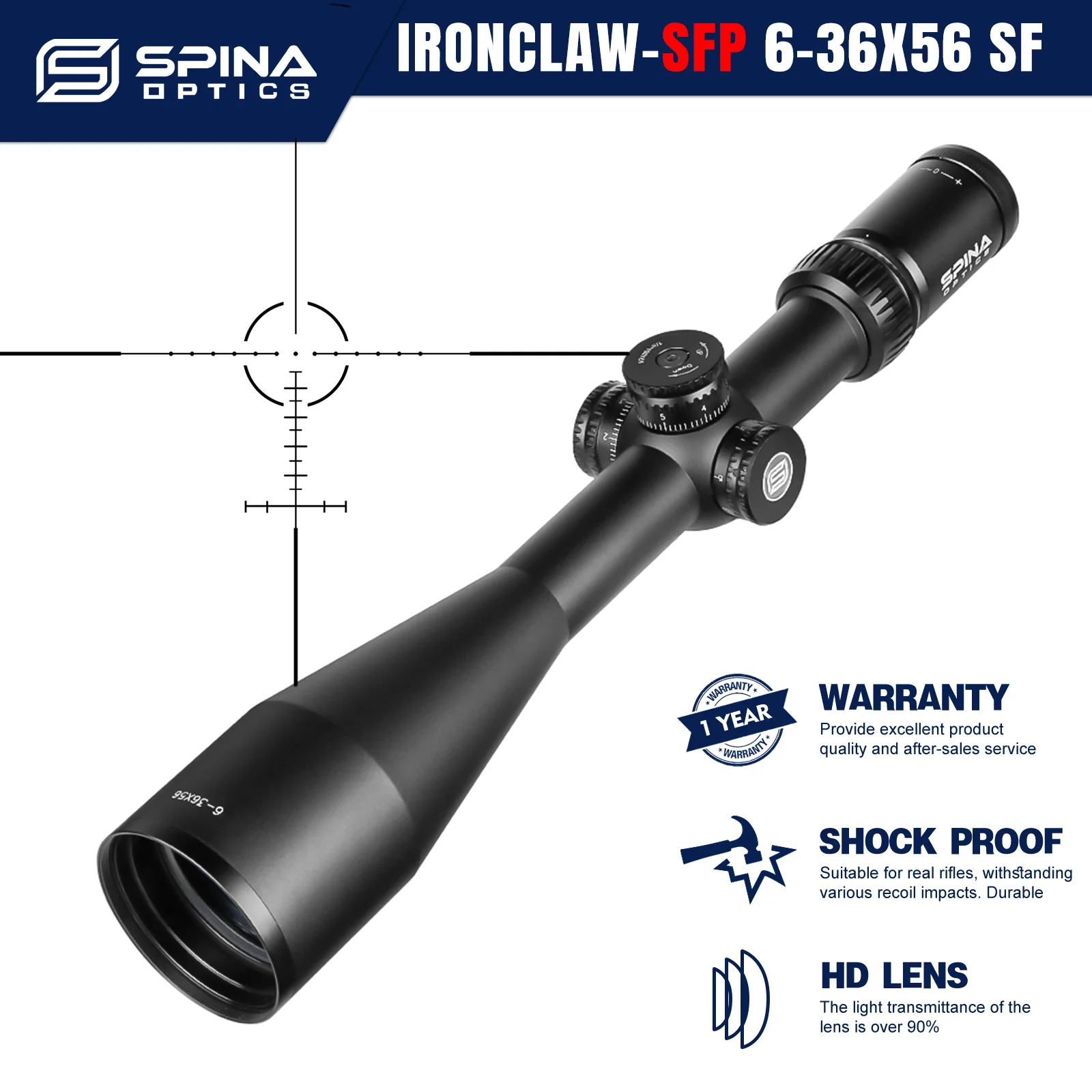 SPINA OPTICS IronClaw HD 6-36X56 SF Tactical Riflescope 10-400m Remote Hunting Turrets Lock Reset Fit AR15 PCP Carbine.308 22LR
SPINA OPTICS IronClaw HD 6-36X56 SF Tactical Riflescope 10-400m Remote Hunting Turrets Lock Reset Fit AR15 PCP Carbine.308 22LR
