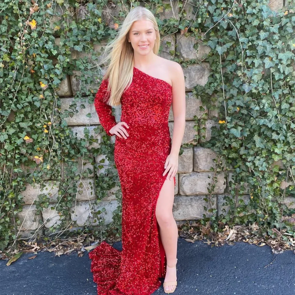 Elegant Sweep Train for Women Prom Dresses with Slit Mermaid One Shoulder Pleated Evening Dress Long Red Sequined Gown
Elegant Sweep Train for Women Prom Dresses with Slit Mermaid One Shoulder Pleated Evening Dress Long Red Sequined Gown
