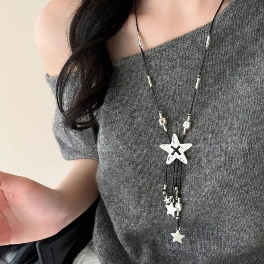 Y2K Style Multi Star Long Necklace With Black Cord Layered Pendant Fashion Jewelry
Y2K Style Multi Star Long Necklace With Black Cord Layered Pendant Fashion Jewelry
