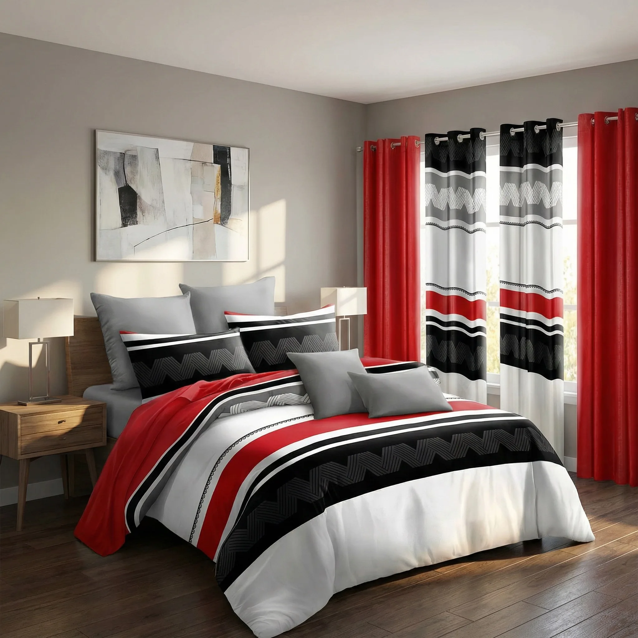 9-Piece Red & Black Geometric Striped Bedding & Curtain Combo Set, Southwestern Aztec Quilted Bedspread with 6 Light Filtering Window Panels & 2 Shams, Easy Care Microfiber Coverlet, Pet Friendly
9-Piece Red & Black Geometric Striped Bedding & Curtain Combo Set, Southwestern Aztec Quilted Bedspread with 6 Light Filtering Window Panels & 2 Shams, Easy Care Microfiber Coverlet, Pet Friendly