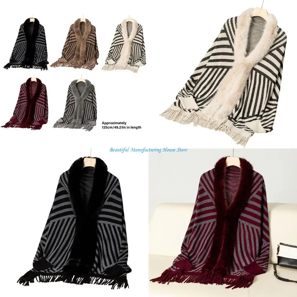 E56A Women Furry Trim Sleeve Cardigan Striped Knit Shawl Loose Sweater Cloak
E56A Women Furry Trim Sleeve Cardigan Striped Knit Shawl Loose Sweater Cloak