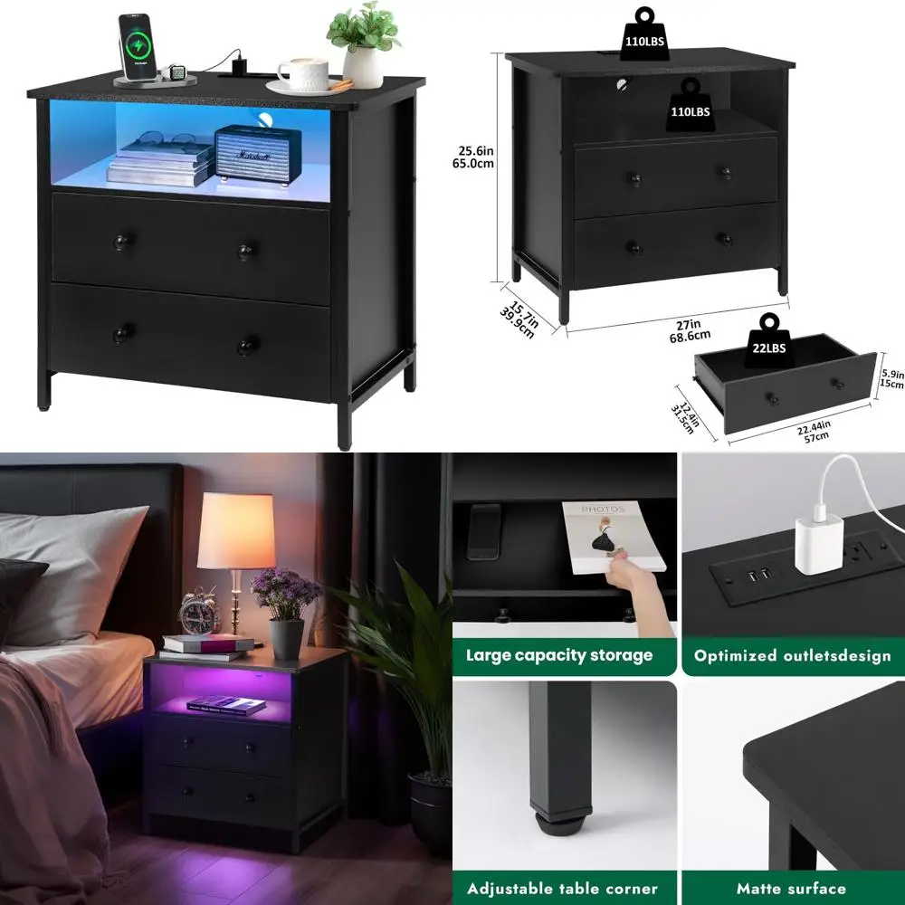 Spacious 27-Inch Wide Wooden Nightstand with Dual Drawers, LED Lighting, and Adjustable Charging Station
Spacious 27-Inch Wide Wooden Nightstand with Dual Drawers, LED Lighting, and Adjustable Charging Station
