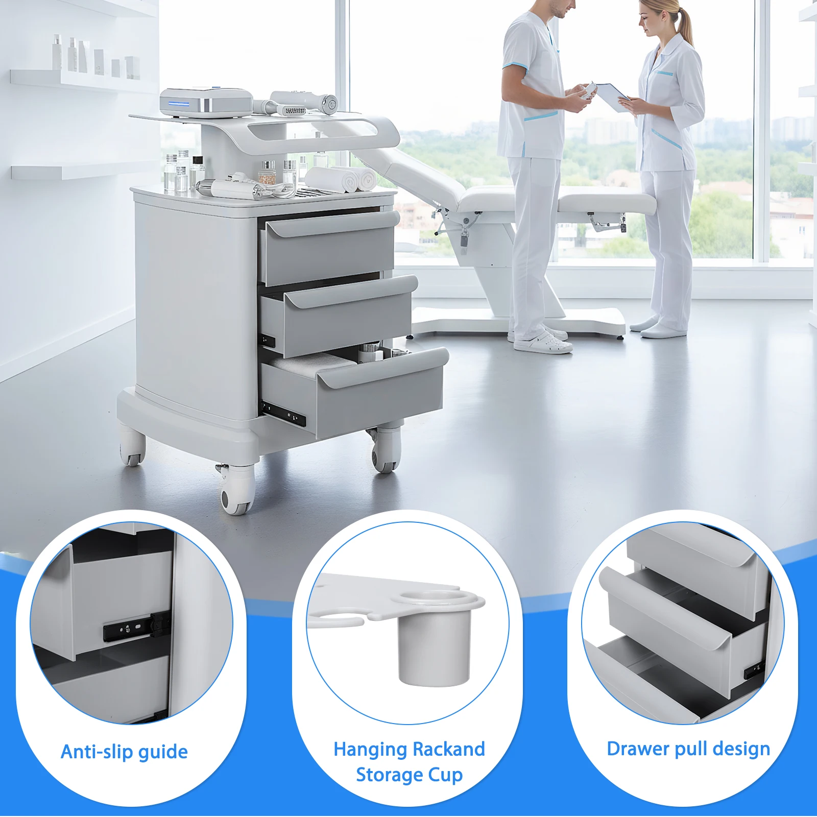 Мобильная тележка для хранения косметики и инструментов с колесами, ультразвуковая тележка с 3 ящиками для больниц, стоматологических клиник, салонов красоты
Мобильная тележка для хранения косметики и инструментов с колесами, ультразвуковая тележка с 3 ящиками для больниц, стоматологических клиник, салонов красоты