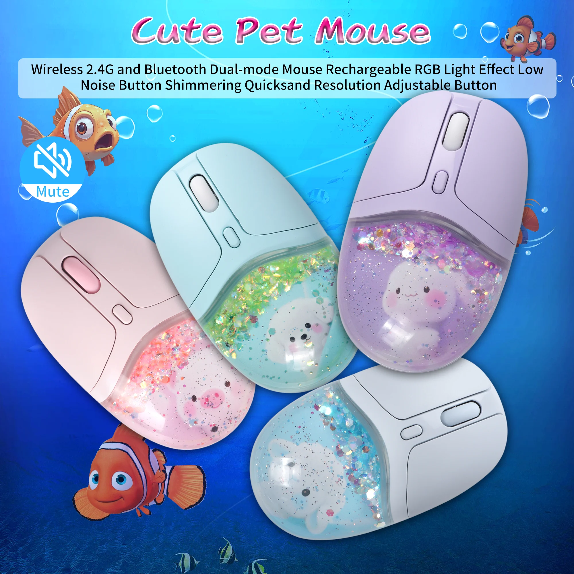 Cute Pet Mouse RGB Light Effect Built-in Glitter 2.4G Bluetooth Daul-mode Wide Compatible Rechargeable Office Use Mause
Cute Pet Mouse RGB Light Effect Built-in Glitter 2.4G Bluetooth Daul-mode Wide Compatible Rechargeable Office Use Mause